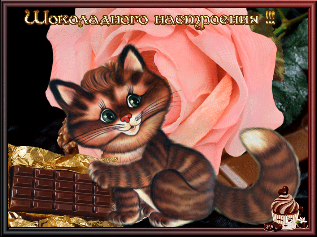 Открытка всемирный день шоколада , открытка гиф с котиком .  Картинка , открытка с праздником всемирным днём шоколада , родина праздника дня шоколада считается Франция , открытка гиф , мерцающая , с котёнком , с котиком .