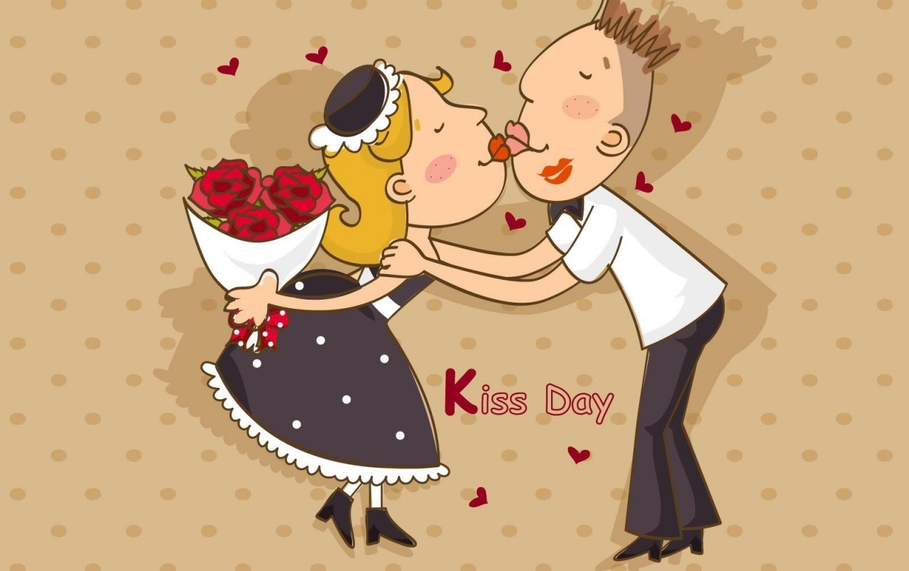 Всемирный день поцелуя , открытка к празднику день поцелуя . Открытка , картинка с изображением мультяшек , мультяшных мальчик и девочка на картинке они целуются у них любовь , открытка с международным днём поцелуя , поцелуев.