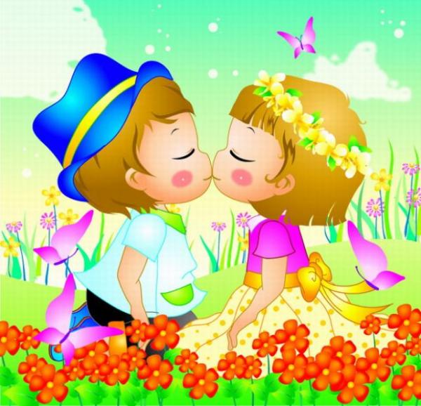 Всемирный день поцелуя , открытка к празднику день поцелуя . Открытка , картинка с изображением мультяшек , мультяшных мальчик и девочка на картинке они целуются у них любовь , открытка с международным днём поцелуя , поцелуев.